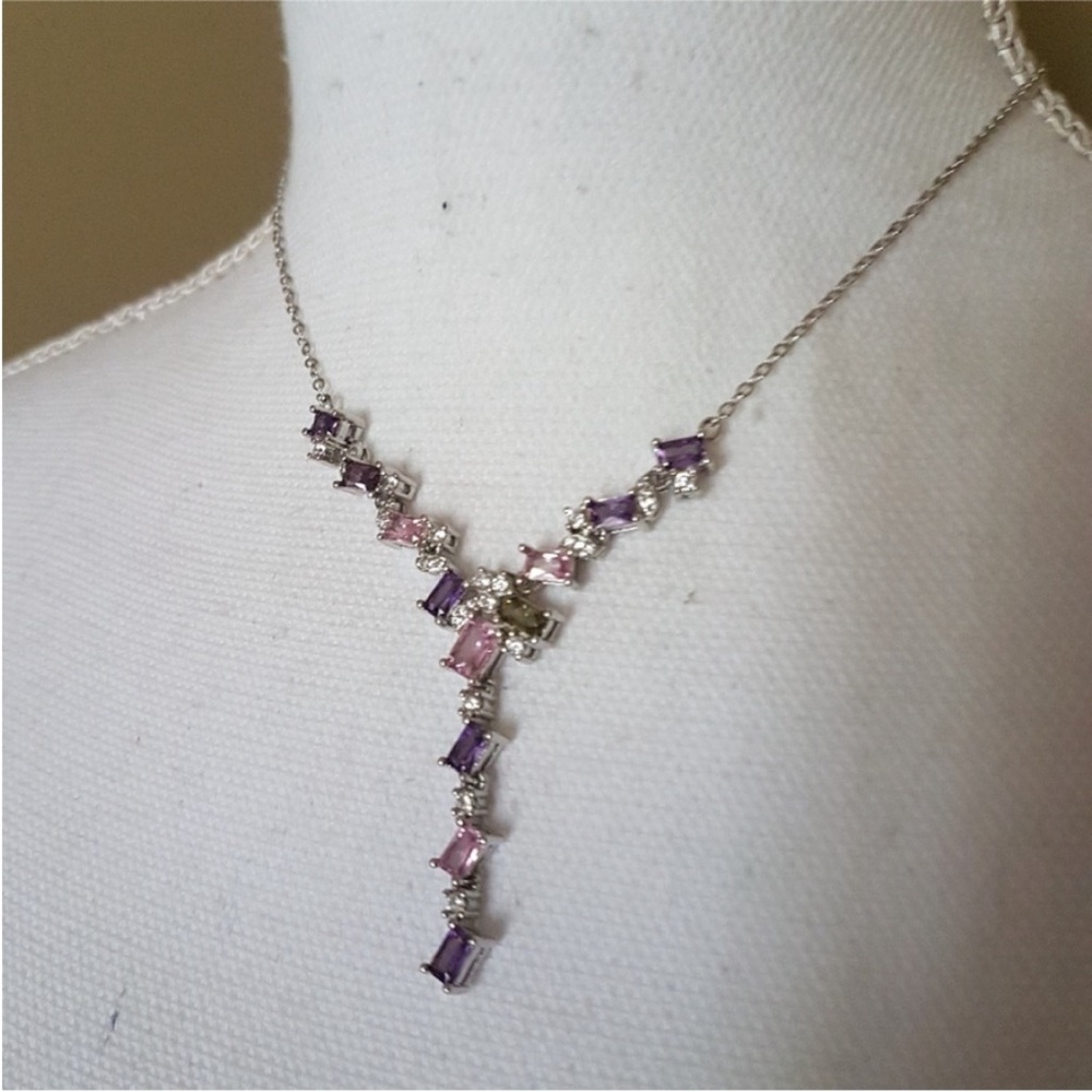 Swarovski Elements Platinum Multicolor Pink & Purple Gem Geometric Necklace NEW - Picture 5 of 13